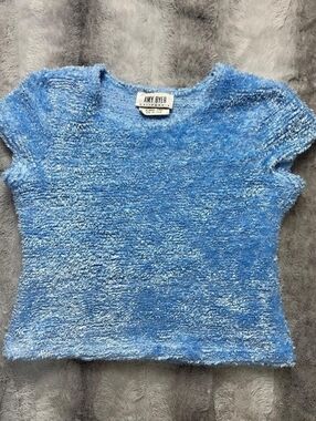 Vintage 90s Amy Byer Light Baby Blue Soft Fuzzy Cap Sleeve Baby Tee X-Large
